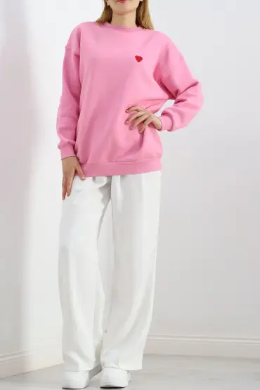 Kalp Nakışlı Şardonlu Oversize Sweat Pembe