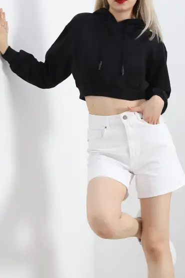 Şardonlu Oversize Crop Sweat Siyah