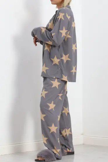 Baskılı Battal Pijama Takımı Füme