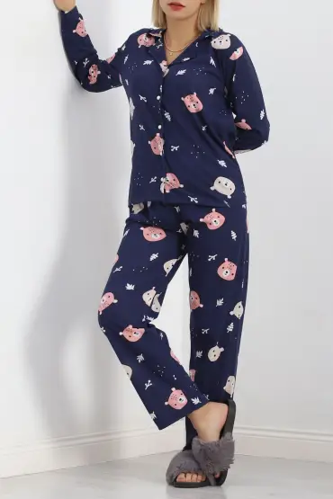 Önü Düğmeli Pijama Takımı Açıklacivert