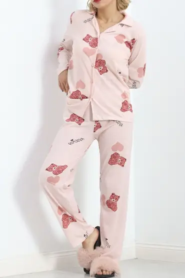 Önü Düğmeli Pijama Takımı Pembeayıcık