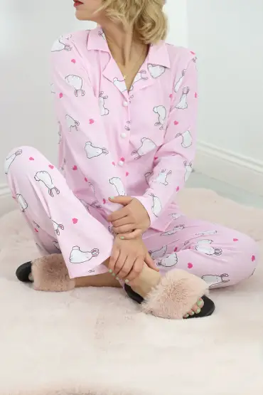 Önü Düğmeli Pijama Takımı Tozpembe