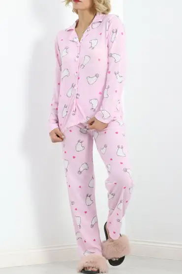 Önü Düğmeli Pijama Takımı Tozpembe