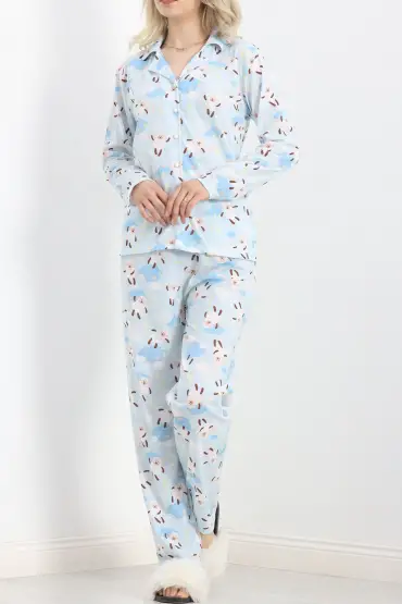 Önü Düğmeli Pijama Takımı Açıkmavi1