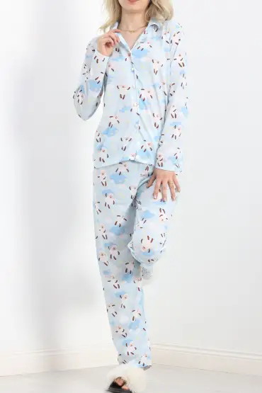 Önü Düğmeli Pijama Takımı Açıkmavi1