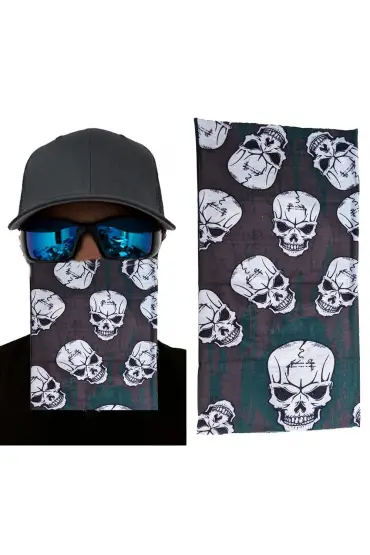 Kahve Yeşil Renk Üzeri Likralı Çoklu Kafatası Baskılı Baf Buff Bandana 25x48 cm