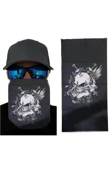 Siyah Renk Üzeri Likralı Beyaz Kafatası Kuru Kafa Baskılı Baf Buff Bandana 25x48 cm