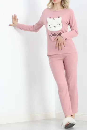 Nakışlı Fitilli Pijama Takımı Pembe