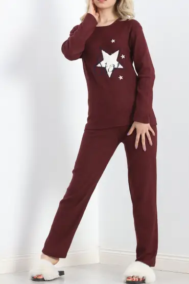 Nakışlı Fitilli Pijama Takımı Bordo1