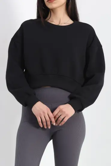 Şardonlu Crop Sweat Siyah