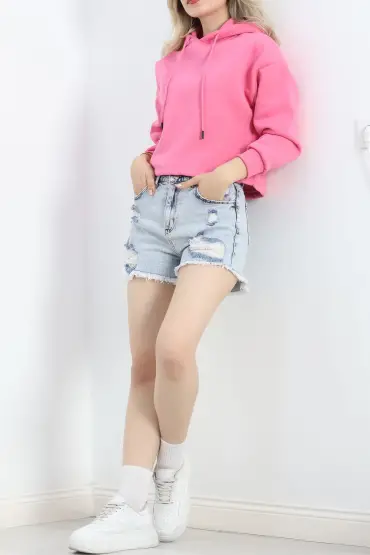 Kapşonlu 3 İplik Crop Sweat Pembe