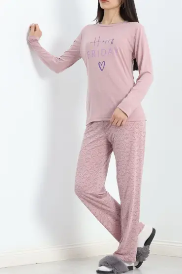 Baskılı Poliviskon Pijama Takımı Koyupembe