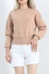 Bisiklet Yaka 3 İplik Crop Sweat Bej