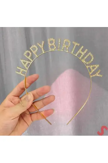 Altın Gold Renk Kristal Taşlı Parlak Happy Birthday Taç 16x17 Cm