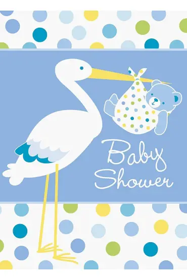 Baby Boy Stork Temalı Mavi Renk Baby Shower Davetiye 8 Adet