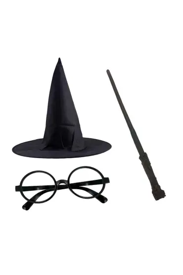 Harry Potter Siyah Şapkası Harry Potter Gözlüğü Harry Potter Asası 3 Lü Set