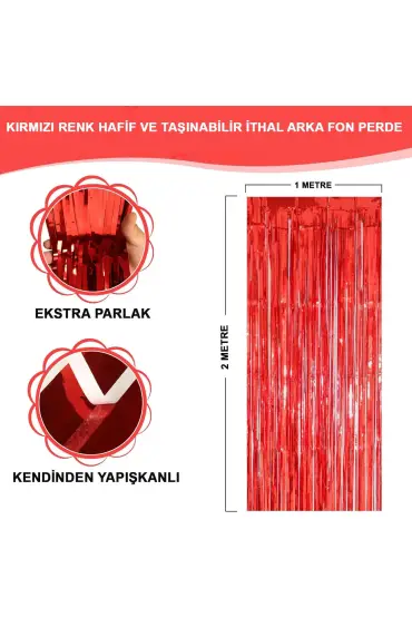 Kırmızı Renk Ekstra Metalize Parlak Saçaklı Arka Fon Perde İthal A Kalite 1x2 Metre