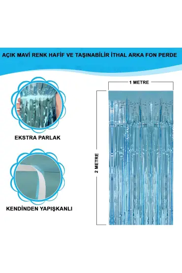 Açık Mavi Renk Ekstra Metalize Parlak Saçaklı Arka Fon Perde İthal A Kalite 1x2 Metre