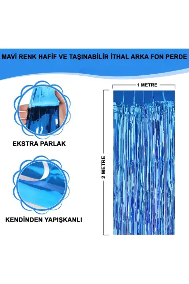 Mavi Renk Ekstra Metalize Parlak Saçaklı Arka Fon Perde İthal A Kalite 1x2 Metre