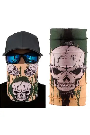 Haki Yeşil Renk Üzeri Likralı Kuru Kafa Kafatası Baskılı Baf Buff Bandana 25x48 Cm