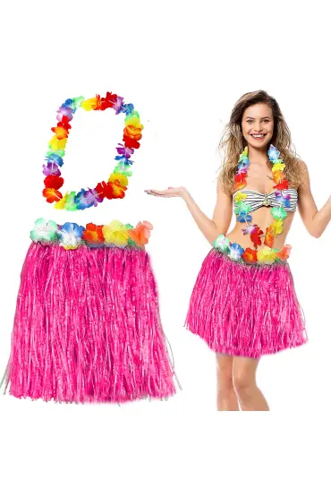 Hawaii Luau Aloha Pembe Püsküllü 40 cm Etek ve Hawaii Kolye Seti (4767)