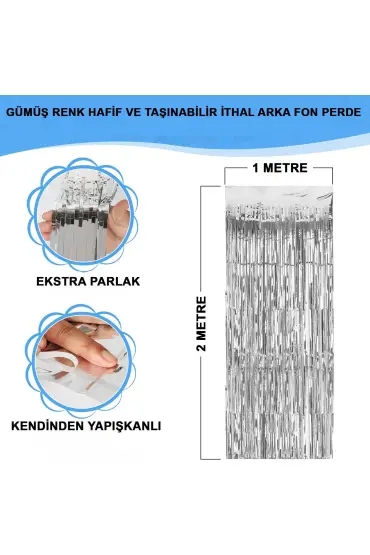 Gümüş Renk Ekstra Metalize Parlak Saçaklı Arka Fon Perde İthal A Kalite 1x2 Metre (4767)