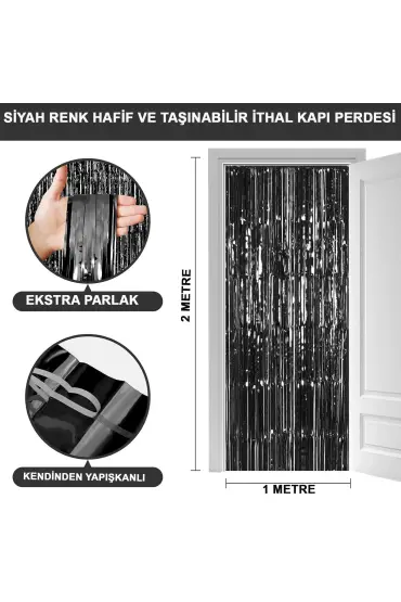 Siyah Renk Ekstra Metalize Parlak Saçaklı Arka Fon Perde İthal A Kalite 1x2 Metre (4767)