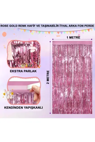 Rose Gold Renk Ekstra Metalize Parlak Saçaklı Arka Fon Perde İthal A Kalite 1x2 Metre (4767)