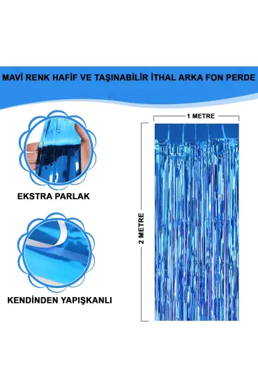 Mavi Renk Ekstra Metalize Parlak Saçaklı Arka Fon Perde İthal A Kalite 1x2 Metre (4767)