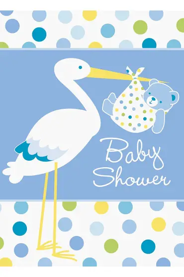 Baby Boy Stork Temalı Mavi Renk Baby Shower Davetiye 8 Adet (4767)