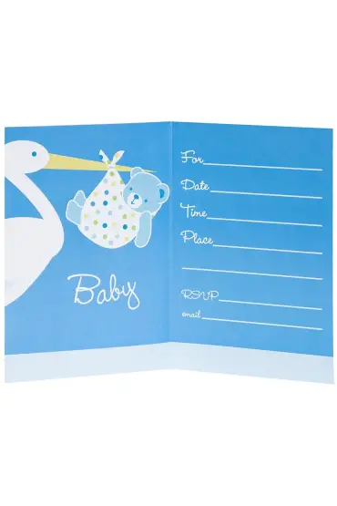 Baby Boy Stork Temalı Mavi Renk Baby Shower Davetiye 8 Adet (4767)