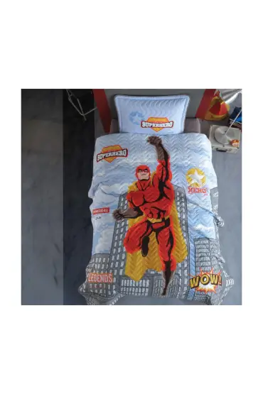 Tek Kişilik Yatak Örtüsü Superhero v1 Gri