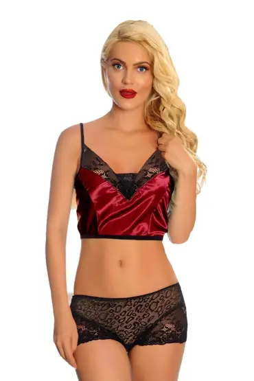  946 Bordo Saten Dantelli Babydoll Şortlu Takım