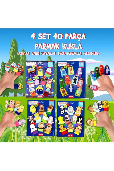  247 4 Set - 40 Parça  Meslekler, Taşıtlar, Evcil  ve Vahşi Hayvanlar Parmak Kukla