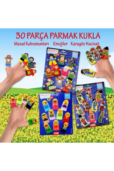  247 3 Set - 30 Parça  Masal Kahramanları, Karagöz Hacivat ve Emojiler Parmak Kukla