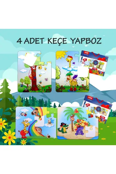  247 4 Set - 48 Parça  Gökkuşağı ve Zürafa 3+ Keçe Yapboz - 3 Yaş Puzzle