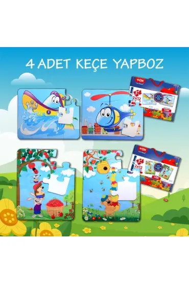  247 4 Set - 48 Parça  Tekne , Helikopter ve Elmacı Ayı 3+ Keçe Yapboz - 3 Yaş Puzzle