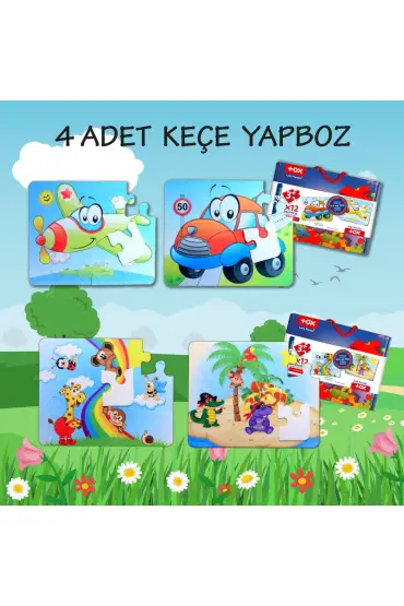  247 4 Set - 48 Parça  Uçak, Araba ve Gökkuşağı 3+ Keçe Yapboz - 3 Yaş Puzzle