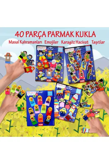  247 4 Set - 40 Parça  Masal Kahramanları , Emojiler, Karagöz  Hacivat ve Taşıtlar Parmak Kukla