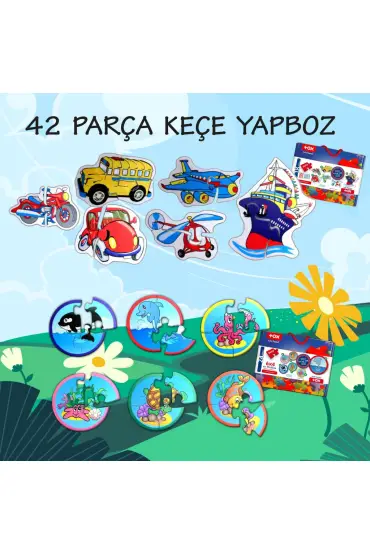  247 12 Set - 42 Parça  Deniz Canlıları ve Ulaşım Araçları 2+ Keçe Yapboz - 2 Yaş Puzzle