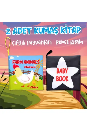  247 2 Kitap  İngilizce Çiftlik Hayvanları ve Siyah-Beyaz Bebek Kumaş Sessiz Kitap