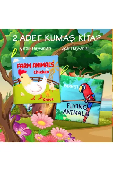  247 2 Kitap  İngilizce Çiftlik Hayvanları ve Uçan Hayvanlar Kumaş Sessiz Kitap