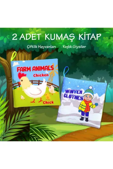  247 2 Kitap  İngilizce Çiftlik Hayvanları ve Kışlık Giysiler Kumaş Sessiz Kitap