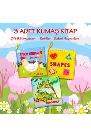  247 3 Kitap  İngilizce Şekiller , Çiftlik ve Safari Hayvanları Kumaş Sessiz Kitap