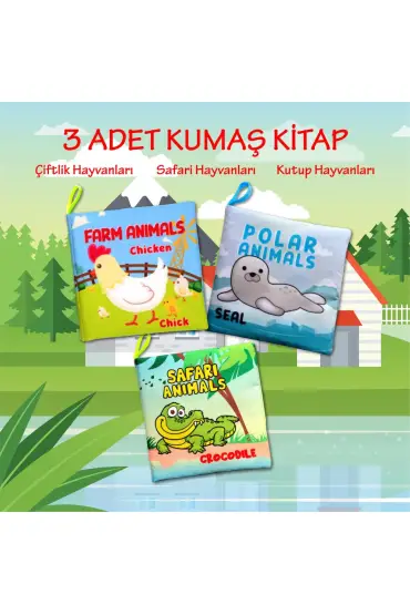  247 3 Kitap  İngilizce Çiftlik Hayvanları , Kutup ve Safari Hayvanları Kumaş Sessiz Kitap