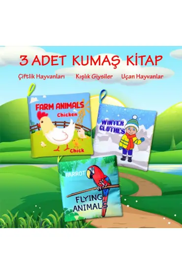  247 3 Kitap  İngilizce Kışlık Giysiler , Uçan ve Çiftlik Hayvanları Kumaş Sessiz Kitap