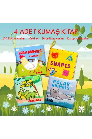  247 4 Kitap  İngilizce Şekiller , Çiftlik , Safari ve Kutup Hayvanları Kumaş Sessiz Kitap