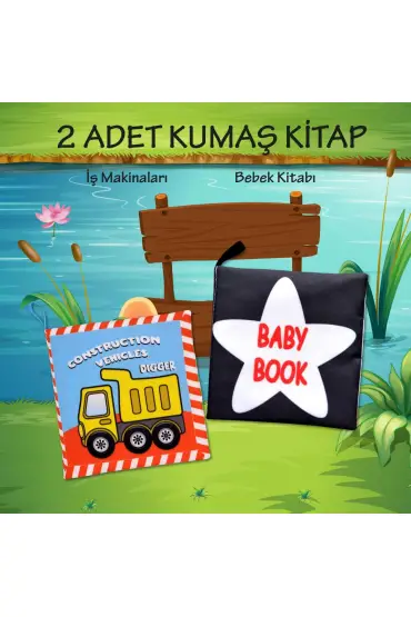  247 2 Kitap  İngilizce Siyah - Beyaz Bebek ve İş Makinaları Kumaş Sessiz Kitap