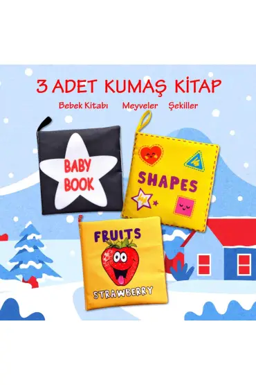  247 3 Kitap  İngilizce Şekiller, Meyveler ve Siyah-Beyaz Bebek Kumaş Sessiz Kitap