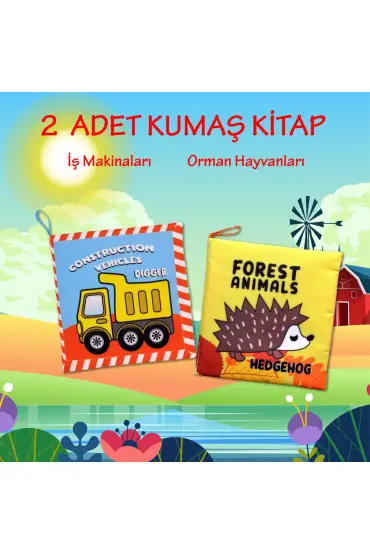  247 2 Kitap  İngilizce İş Makinaları ve Orman Hayvanları Kumaş Sessiz Kitap